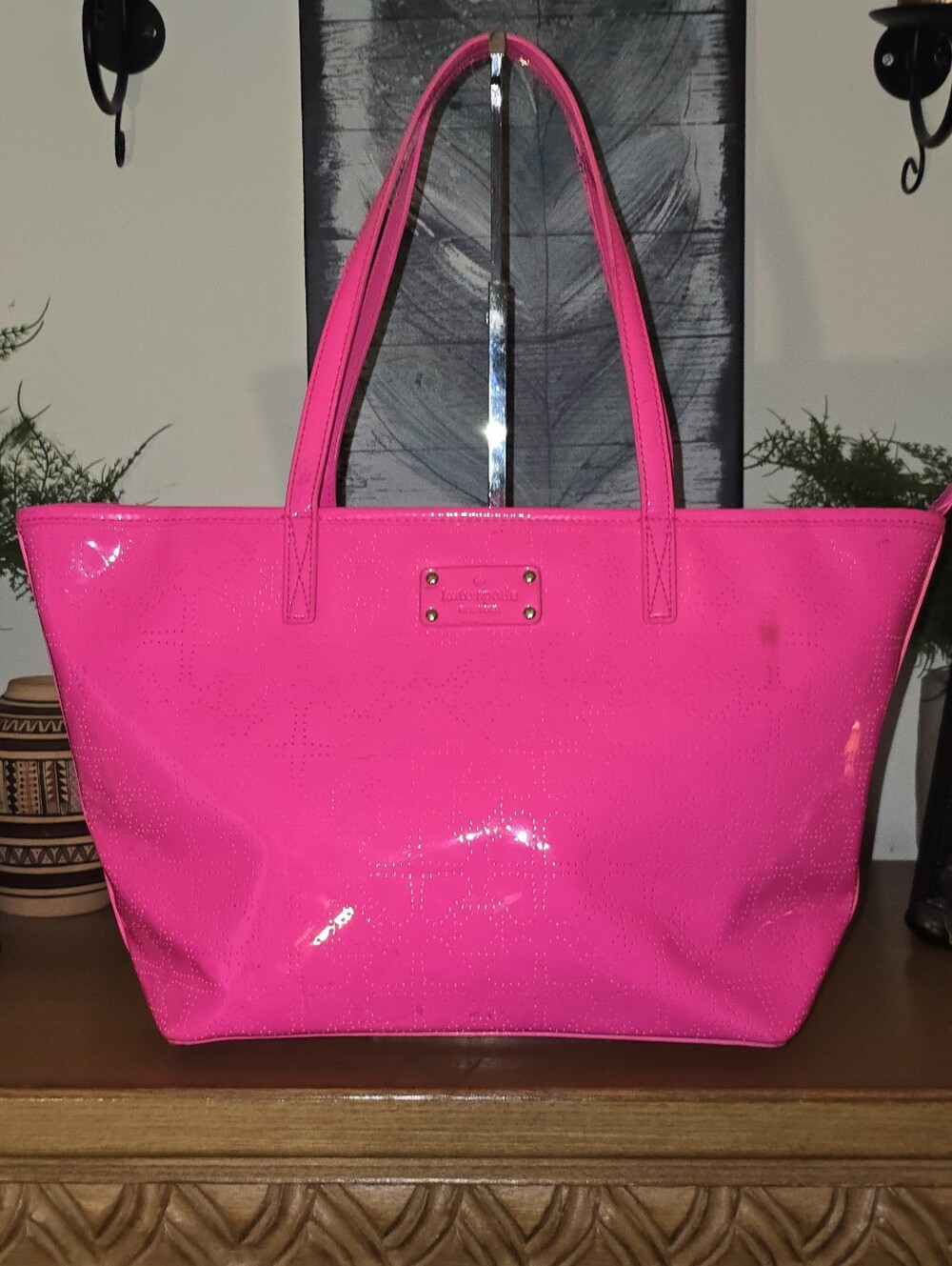 kate spade new york Molly Bikini Dot Large Tote in a vibrant neon pink patent